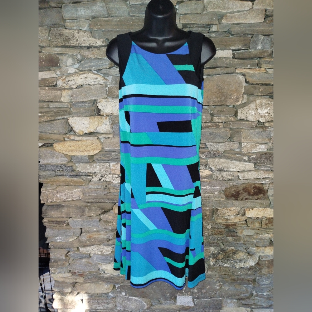 American Living sleeveless geometric blue and turquoise dress - Picture 3 of 7